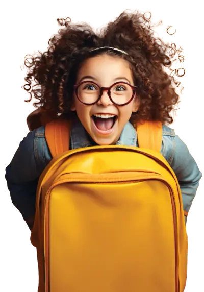 happy girl with glasses wearing a yellow school bag